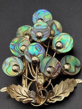 Vintage Mid-Century Abalone Shell Bouquet Brooch Gold Tone Floral Pin c1950s